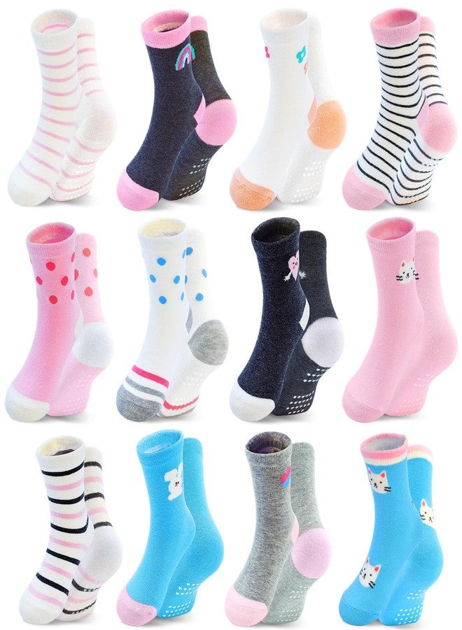 HYCLES Toddler Girl Socks, Non-Slip Cartoon Crew Socks with Grips for Girls Kids 3-5T - Image 1